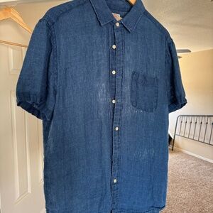 Faherty Men's Blue Indigo Short Sleeve 100% Linen Laguna Button Up Shirt Size L